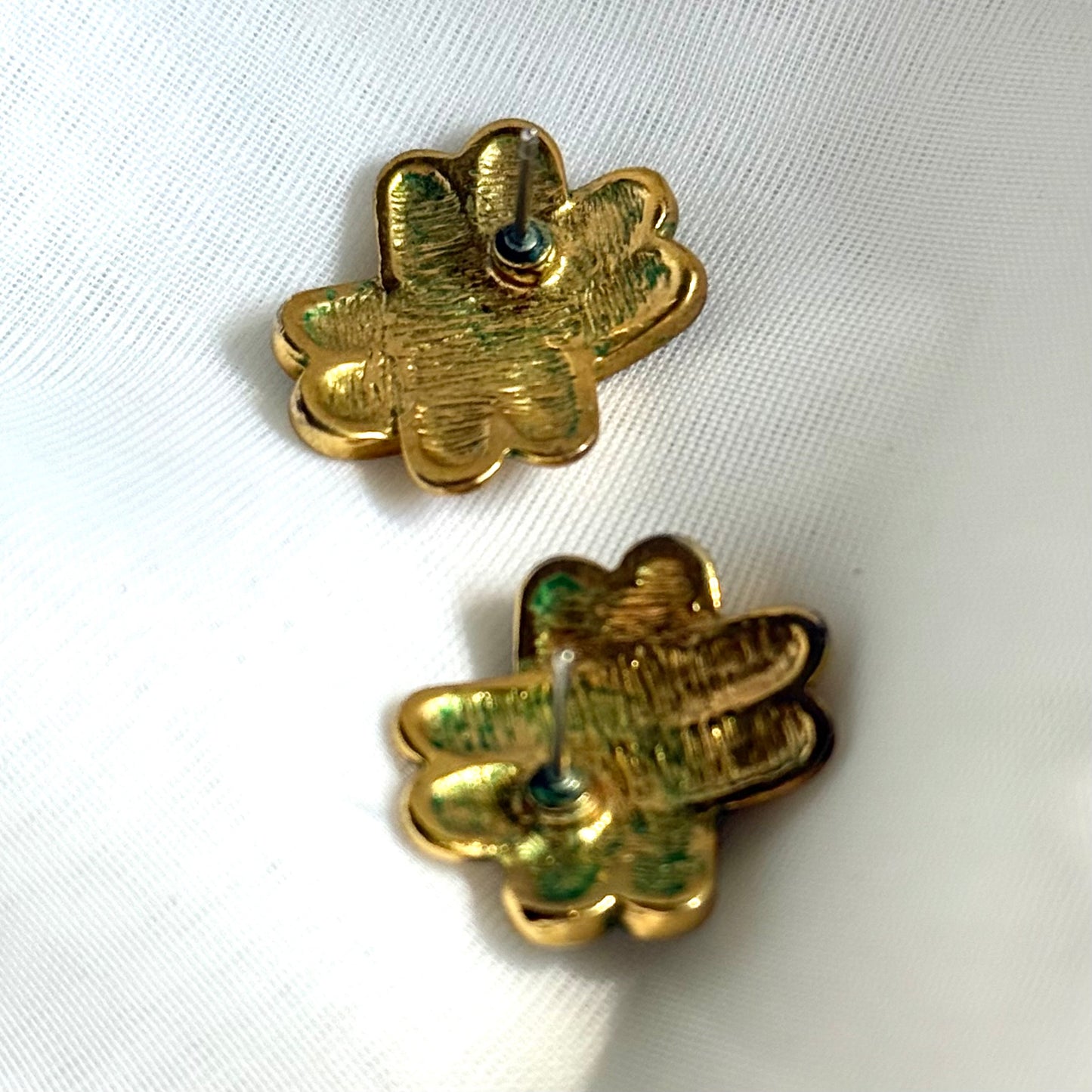 Secondhand Green and Gold Toned "X"Earrings