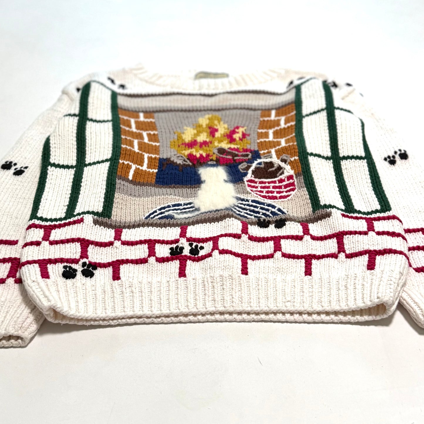 Vintage Lady Footlocker, Hand Knit Cat & Fireplace Sweater
