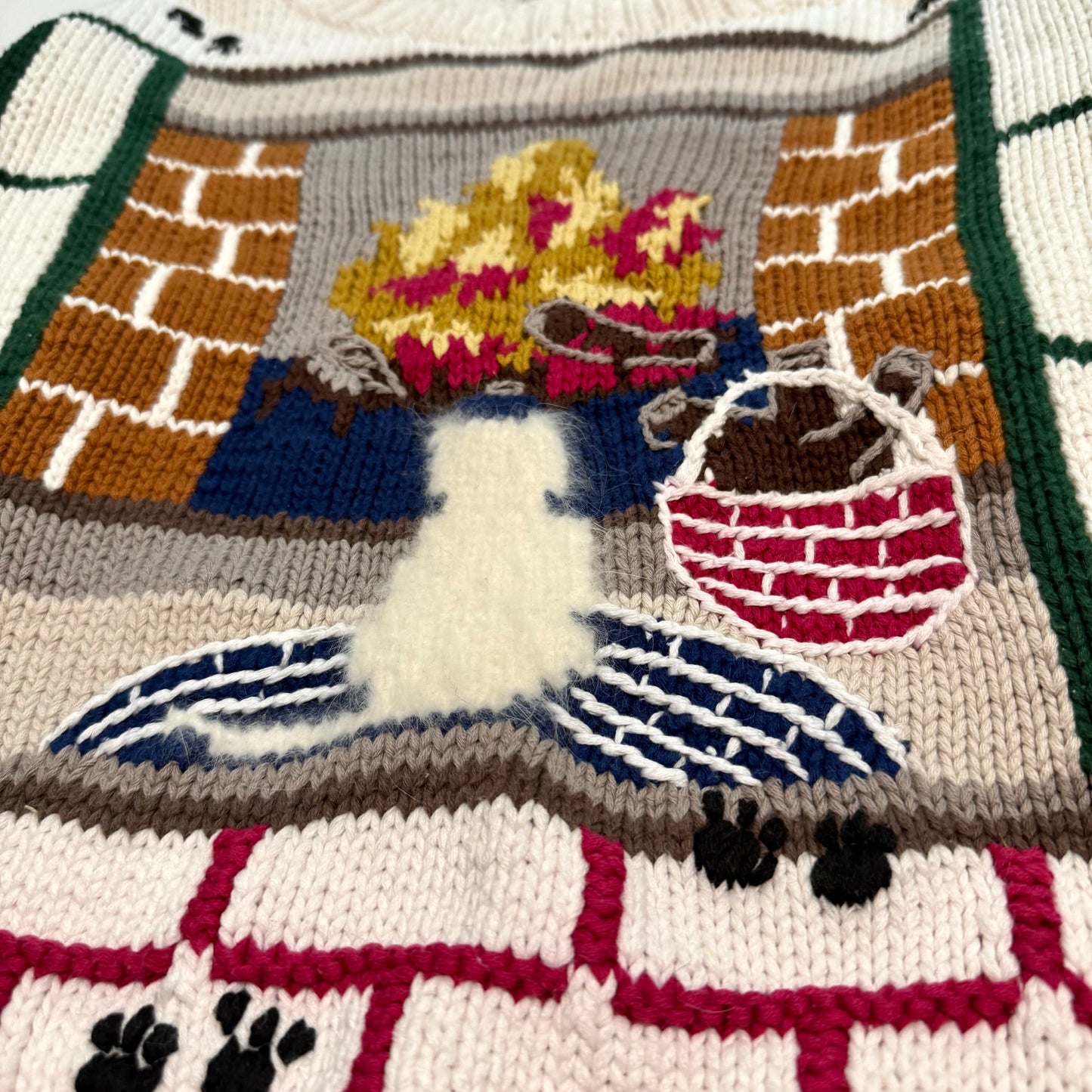 Vintage Lady Footlocker, Hand Knit Cat & Fireplace Sweater
