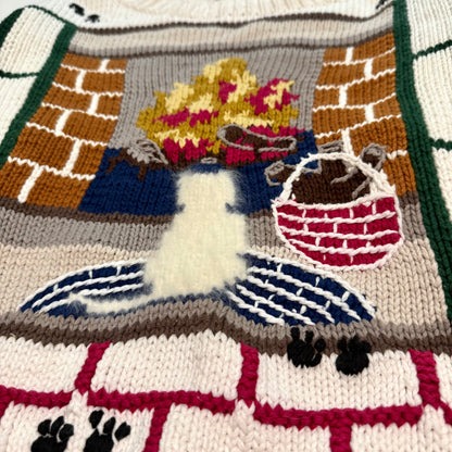 Vintage Lady Footlocker, Hand Knit Cat & Fireplace Sweater