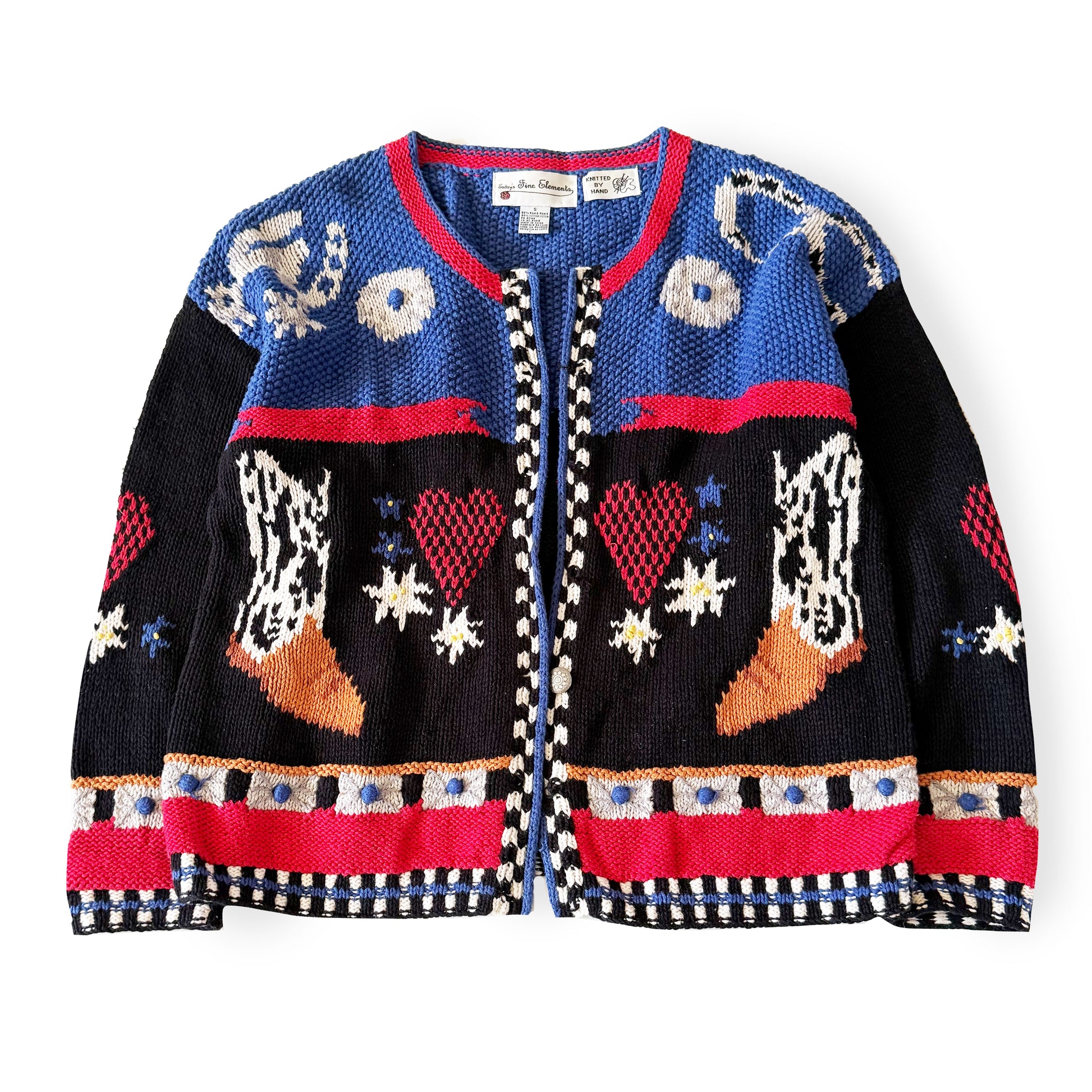 Colorful knitted cardigan with patterned design on a white background