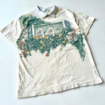 Vintage Art Unlimited, Cat & Hummingbird Collared T-shirt