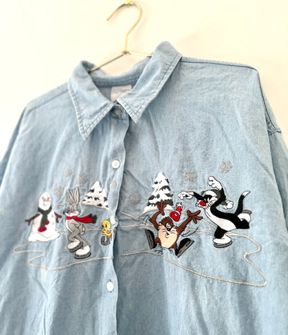 Vintage Looney Tunes, Christmas Denim Button Up Shirt