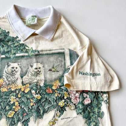 Vintage Art Unlimited, Cat & Hummingbird Collared T-shirt