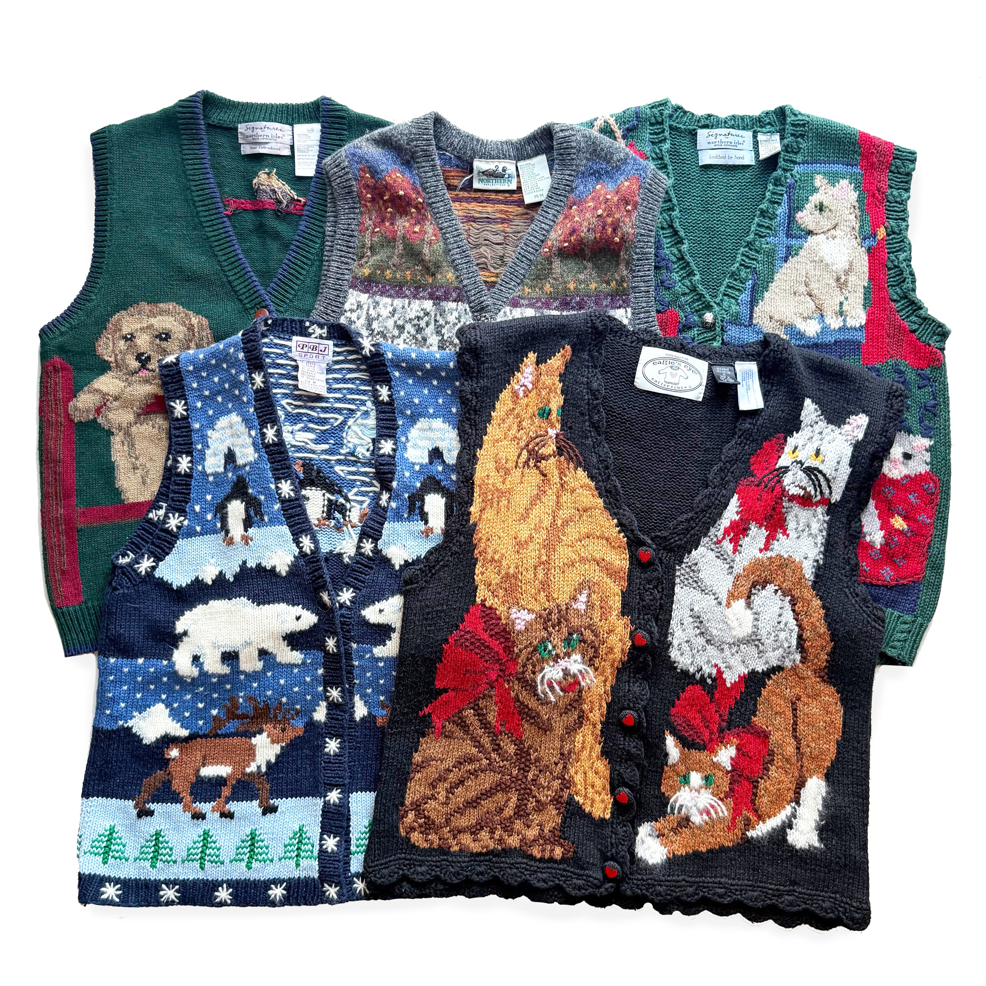 Collection of colorful knitted vests with various designs on a white background