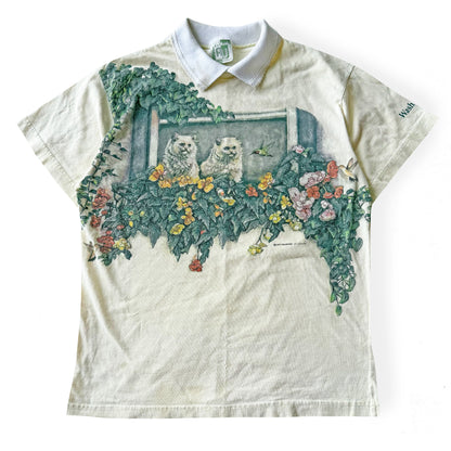 Vintage Art Unlimited, Cat & Hummingbird Collared T-shirt