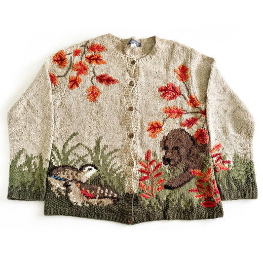 Vintage Northern Isles, Wool Blend Dog and Cabin Scene Cardigan