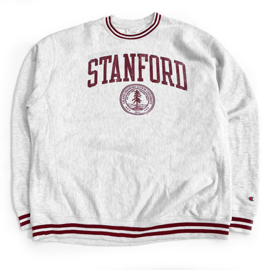 A gray Champion sweatshirt with 'STANFORD' written across the front in red, along with the Stanford University logo, with a small stain on one sleeve.